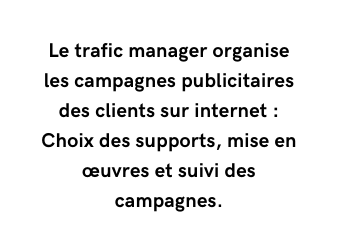 Le trafic manager organise les campagnes publicitaires des clients sur internet Choix des supports mise en œuvres et suivi des campagnes